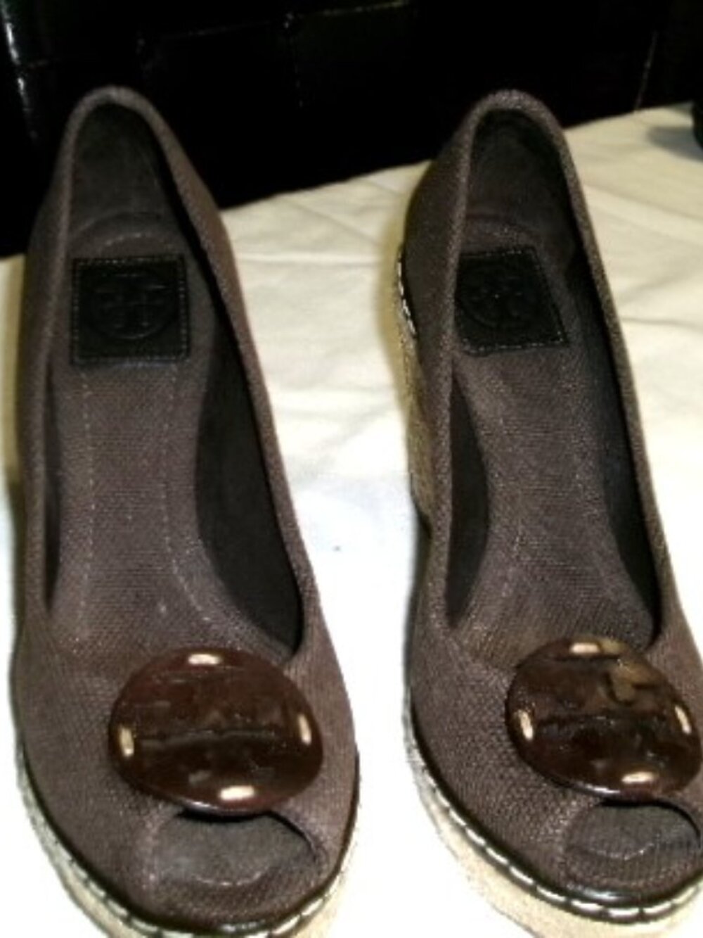 Tory Burch Peep Toe Wedge Espadrille Canvas Shoes Womens Size 7.5 M